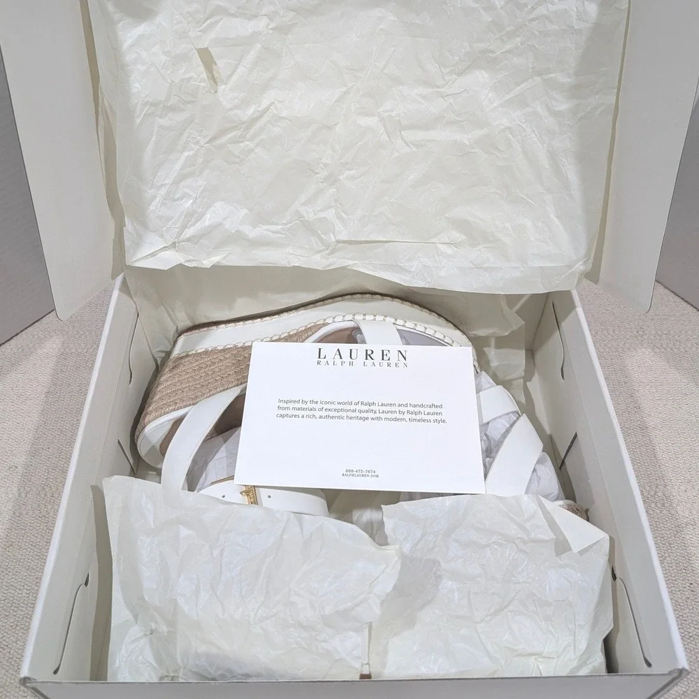 Lauren Ralph Lauren Hilarie White Leather Espadrille‎ Wedge Sandals 9B MSRP $155